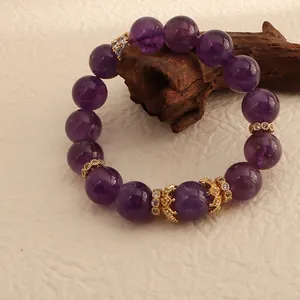 Natural Uruguay Amethyst Bracelet For Women Purple Crystal Beads Handcrafted Gold Crown Rhinestone Charm Jewelry Gift