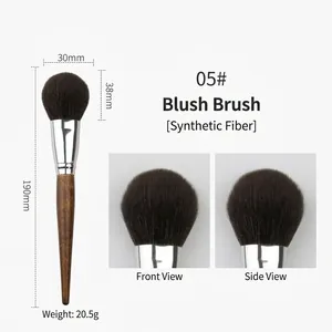 Detailed dimensions of synthetic fiber blush brush with pearwood finish handle
