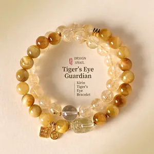 Yellow Tiger's Eye and quartz double-strand beaded bracelet with golden Pixiu charm