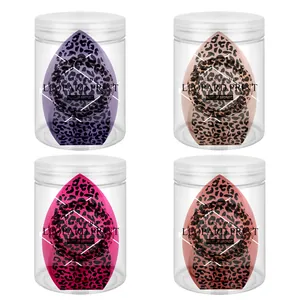 Leopard print makeup sponge set in four vibrant colors with clear jars