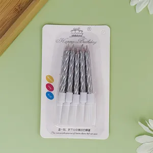 Pack of ten silver metallic spiral birthday candles for cake decoration in original packaging