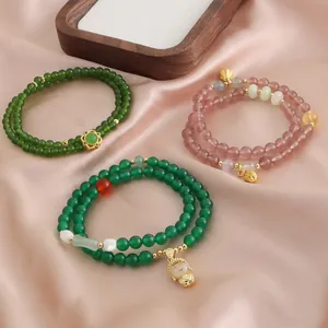 Bracciale a doppio filo in perline stile cinese moderno con pietre naturali su raso rosa