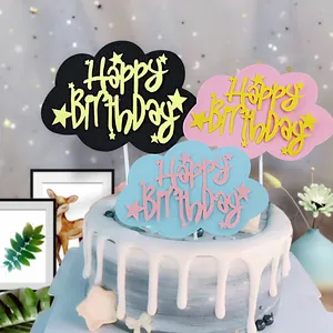 Colorful double-layer cloud cake toppers with stars and Happy Birthday lettering set