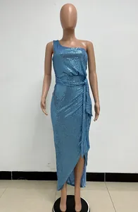Front view of blue one-shoulder sequin long dress on mannequin showing pleated waist