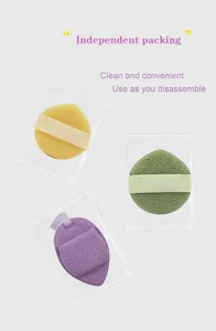 Detailed view of three colorful facial sponges in hygienic independent clear packaging.