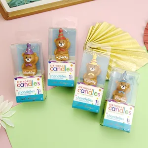 Cartoon Beer Verjaardagskaars Met Feestmuts En Strikje Voor Taart Decoratie Creatieve Dierenvorm Kaars Kinderfeest