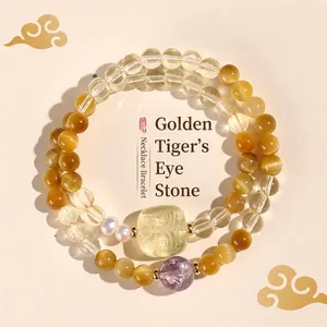 Elegant double-wrap beaded bracelet featuring golden tiger eye, citrine, and amethyst stones.