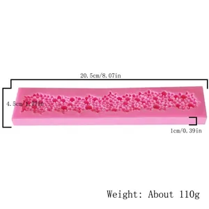 Detailed view of pink silicone fondant lace mold with specific dimensions 20.5x4.5cm