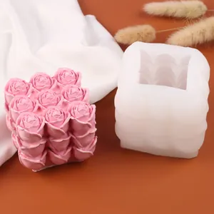 Macro detail of the 3D rose magic cube silicone mold and finished pink soap candle
