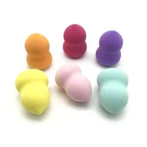 Professional set of six colorful gourd-shaped makeup sponges on a clean white background.