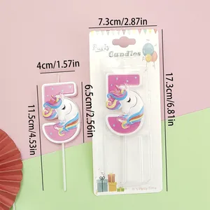 Detailed product dimensions for the pink unicorn number 5 birthday candle and packaging.