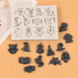 Multi-cavity Halloween silicone mold featuring bat, skull, and witch cat shapes for DIY.