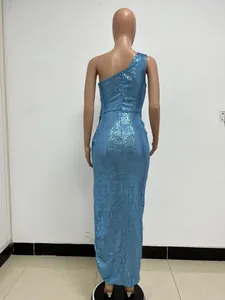 Detailed back view of a sleeveless light blue one-shoulder sequin evening maxi dress.