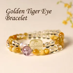 Double strand beaded bracelet with golden tiger eye, citrine, and amethyst beads for women