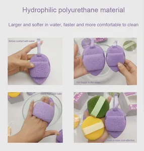 Detailed view of hydrophilic polyurethane facial sponges showing expansion in water