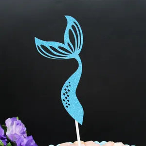 Sparkling blue glitter mermaid tail cake topper for ocean themed birthday party decorations