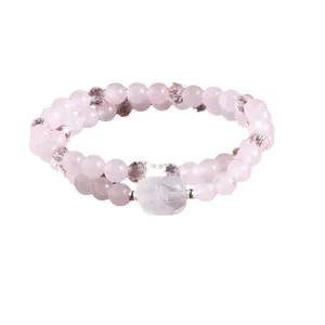 Bracelet double rang à la mode en quartz rose naturel et cristal blanc perlé pour femme