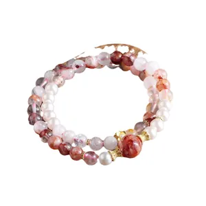 Natural red hematoid quartz and white pearl multi-layer beaded bracelet for women