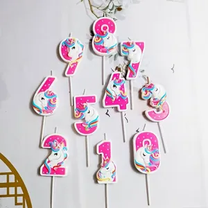 Pink unicorn number candles for girls' birthday party cake decorations, digits 0-9.
