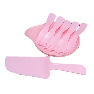 Kit de vaisselle jetable rose pour gâteaux avec assiettes et couteau