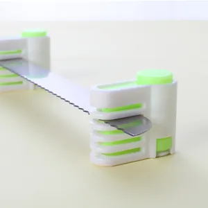 Close-up detail of cake leveler slices holding a serrated knife blade.