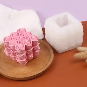Detailed display of magic cube rose silicone mold and finished pink flower candle product