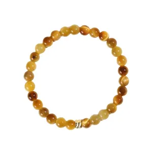 Natural golden tiger eye stone beaded bracelet with gold metallic accent bead for women