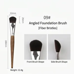 Detailed dimensions of the angled foundation brush with synthetic bristles and wooden handle.
