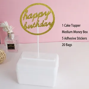 Kit scatola regalo a sorpresa per torta di compleanno con topper dorato glitterato e sacchetti
