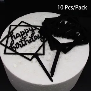 Primer plano de adornos para tarta Happy Birthday negros geométricos, pack de 10.