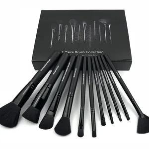 Detailed view of 11 professional makeup brushes with matte black wood handles and box