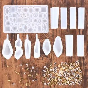 Kit complet de 118 moules en résine époxy avec accessoires de bijouterie et tiges en métal.