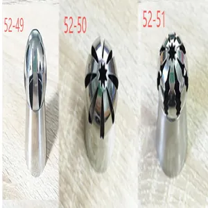 Set of three stainless steel Russian torch spherical piping tips with distinct patterns.