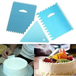 Close-up of serrated blue cake scrapers and their usage on a cream cake.