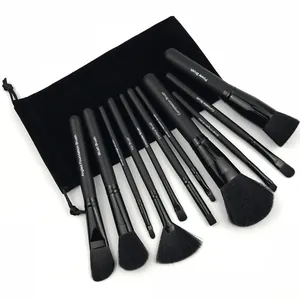11pcs professional makeup brush set with black wooden handles and velvet drawstring pouch
