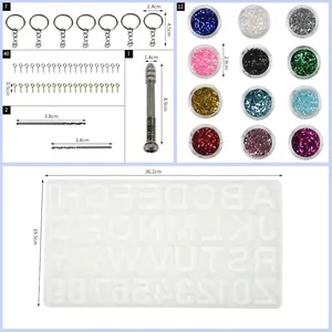 Kit de résine DIY complet avec moule alphabet, paillettes et outils de perçage manuel.