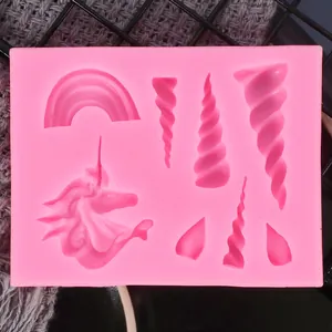 Detailed view of pink unicorn silicone mold with rainbow horn and ear shapes for baking