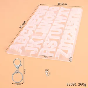 Vue détaillée du moule alphabet en silicone avec dimensions, porte-clés et vis à œillet.