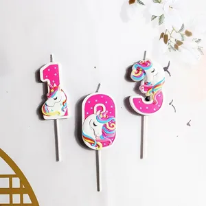 Beautiful pink unicorn number birthday candles for girls party cake decorations set