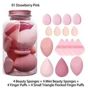 Detail view of the 16-piece strawberry pink makeup sponge and puff set in a jar