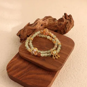 Natural Green Fluorite Crystal Yellow Quartz Double Wrap Beaded Bracelet For Women Vintage Chinese Style Hand Jewelry With Artificial Pearl