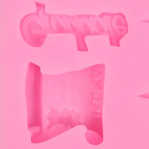 Detailed view of pink silicone mold featuring graduate text and diploma scroll shapes