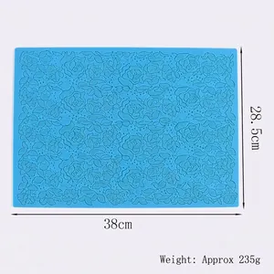 Detailed view of blue rose floral fondant lace mat with 38cm x 28.5cm dimensions