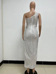 Detailed back view of a white one-shoulder sequin maxi dress on a studio mannequin