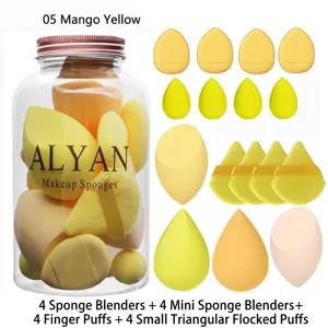 16-piece mango yellow makeup sponge set with storage jar, including mini and finger puffs