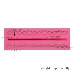 Detail shot of a pink silicone fondant lace mold with precise size and weight information