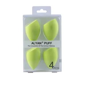 Set of 4 professional soft neon green angled makeup sponges in a transparent box