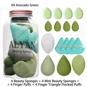 16-piece avocado green makeup sponge set in a jar including finger puffs and mini eggs.