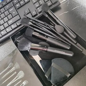 Detailed view of 11-piece professional makeup brush set with black wooden handles and box