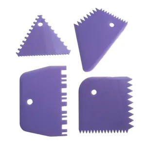 Purple 4-piece plastic cake scraper set featuring various sawtooth edges for baking